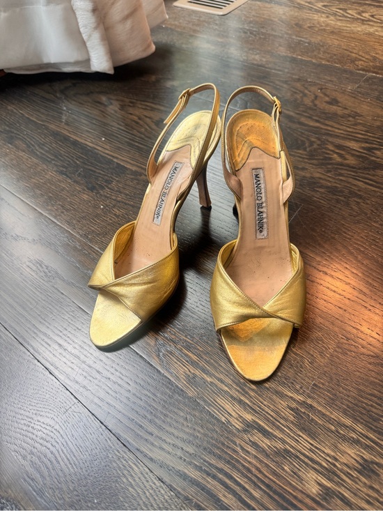 Manolo Blahnik Shoes - Manolo Blahnik Gold Leather Open-Toe Slingback Heels Sandals